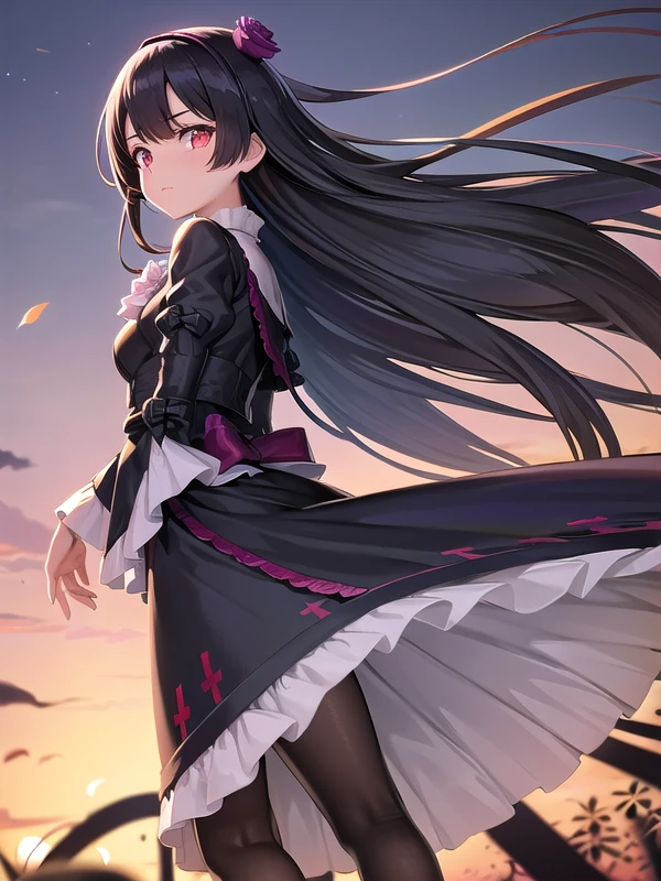 (hyper extreme detailed),(masterpeace),(hyper extreme),(photorealistic),CG,(colour:1.2), beautiful lighting,light from the front,official art, 1girl, sunny day,outdoor for park,
 <lora:kuroneko:1>,kuroneko,black hair, long hair, straight hair,red eyes, black dress , black pantyhose, pumps,flower hair band