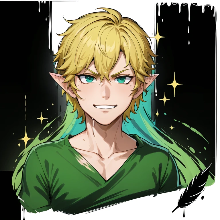 (masterpiece, best quality:1.1), pxint, 1boy, male focus, serious face, looking at viewer, (peter pan:1.05), from peter pan, green outfit with feather, blonde hair, mischievous grin, pointed ears, detailed eyes, portrait, flowing, with a splash of paint, (abstract:0.8)