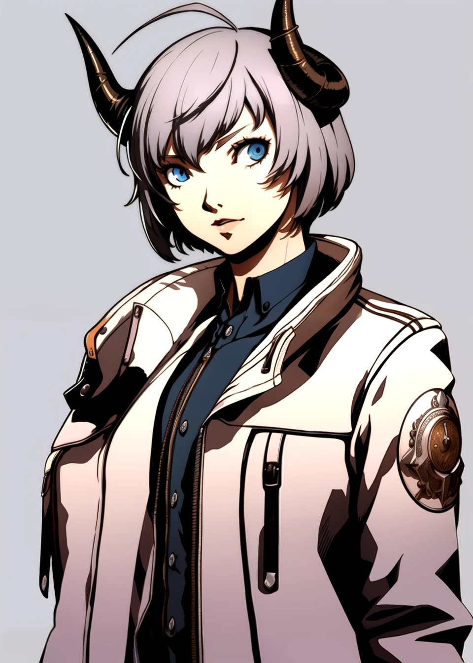 <lora:Soejima-000023:1> , 1girl, ahoge, alternate eye color, antennae, black jacket, demon horns, grey hair, grey shirt, horns, jacket, long sleeves, looking at viewer, open clothes, open jacket, shirt, short hair, simple background, solo, white background, w arknights,
(masterpiece, top quality, best quality, official art, beautiful and aesthetic:1.2), beautiful, attractive, handsome, trending on ArtStation, DeviantArt contest winner, CGSociety, ultrafine, studio lighting, sharp focus, ultra-detailed, intricate, illustration, cinematic lighting, extremely detailed, perfect face, cinematic, amazing