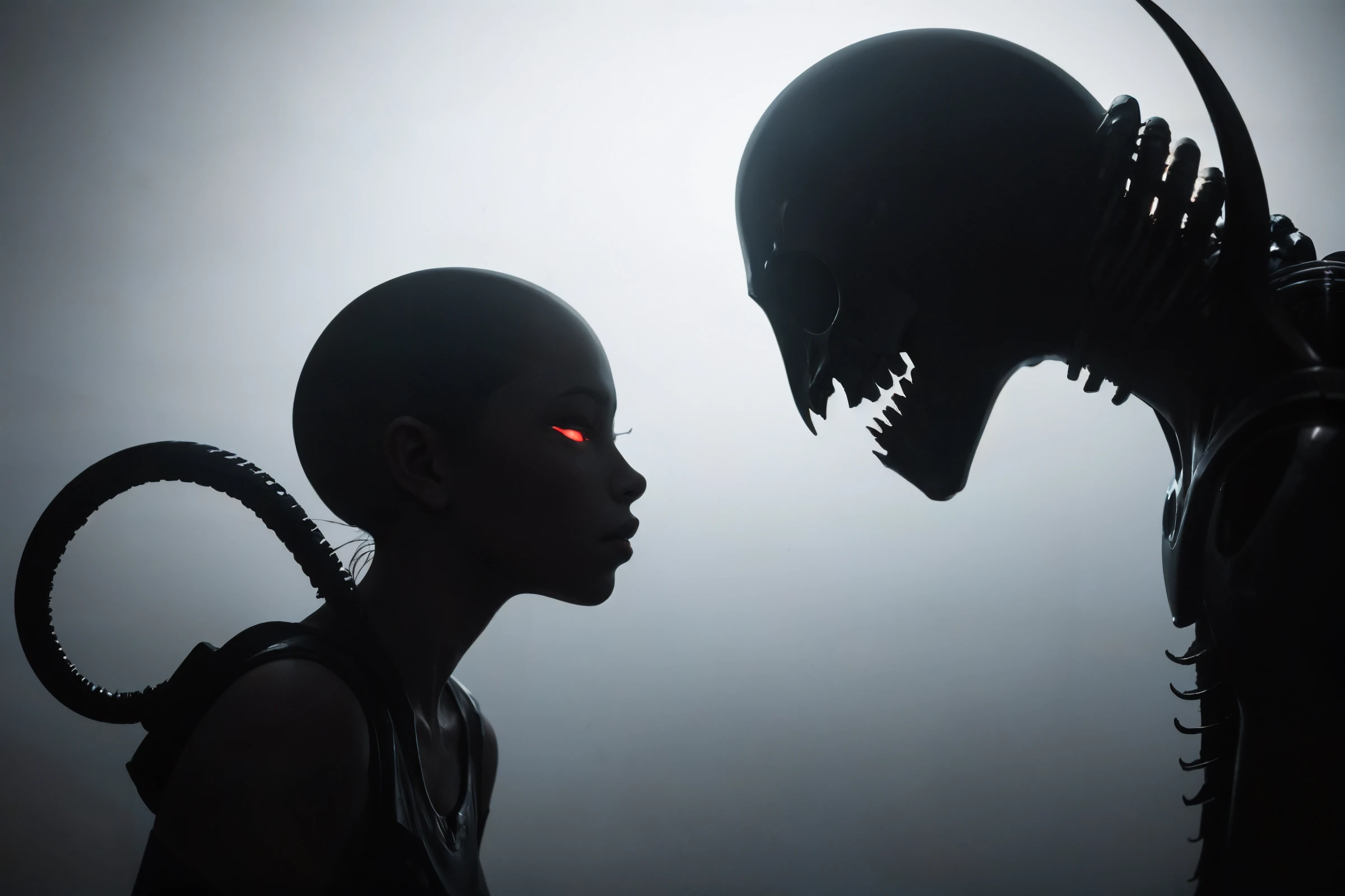 masterpiece, best quality, (realistic, highly detailed), alien vs predator, dark, dim, low light, rim light