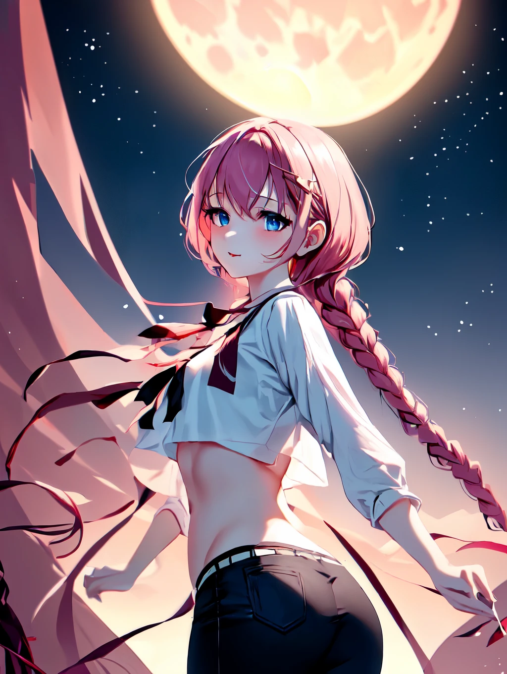 <lora:e7 Tenebria:1.2> e7 Tenebria, pink hair, ((two long)) braids, lender body, thin, cheeky face, medium breasts,blue eyes, black pants, white short blouse, showing belly, flat abdomen, tall, showing ass, turning arond,
starry night, under the moon, playing with an orb of pink light, light energy, outdoors,
(masterpiece), best quality, highres, 4k, 8k, Detailed Illustration, intricate detail, cinematic lighting, amazing quality, 1girl, fit female, amazing shading, soft lighting, facing camera, perfect eyes