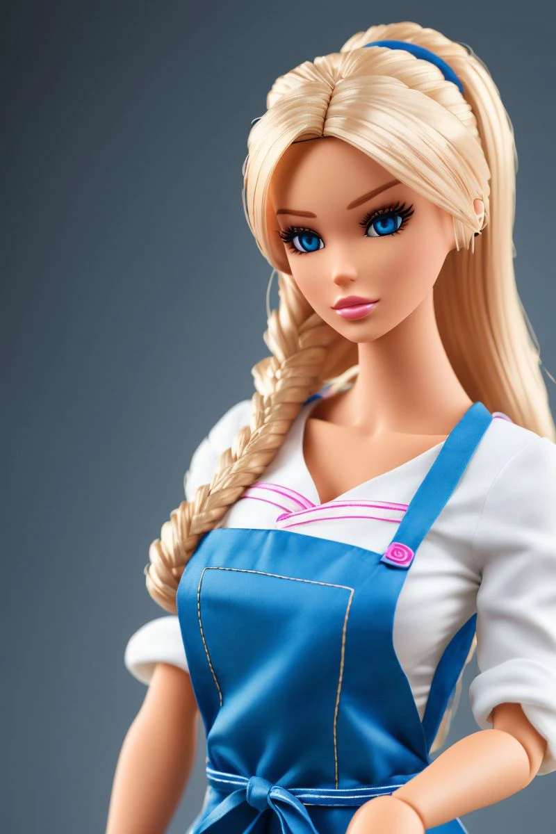 a Barbie doll looking like S030_EkaterinaShiryaeva, wearing a (apron:1.2), (solid color background:1.3), (DOF:1.2), (8k, RAW photo, best quality, ultra high res, photorealistic, masterpiece, ultra-detailed, Unreal Engine)