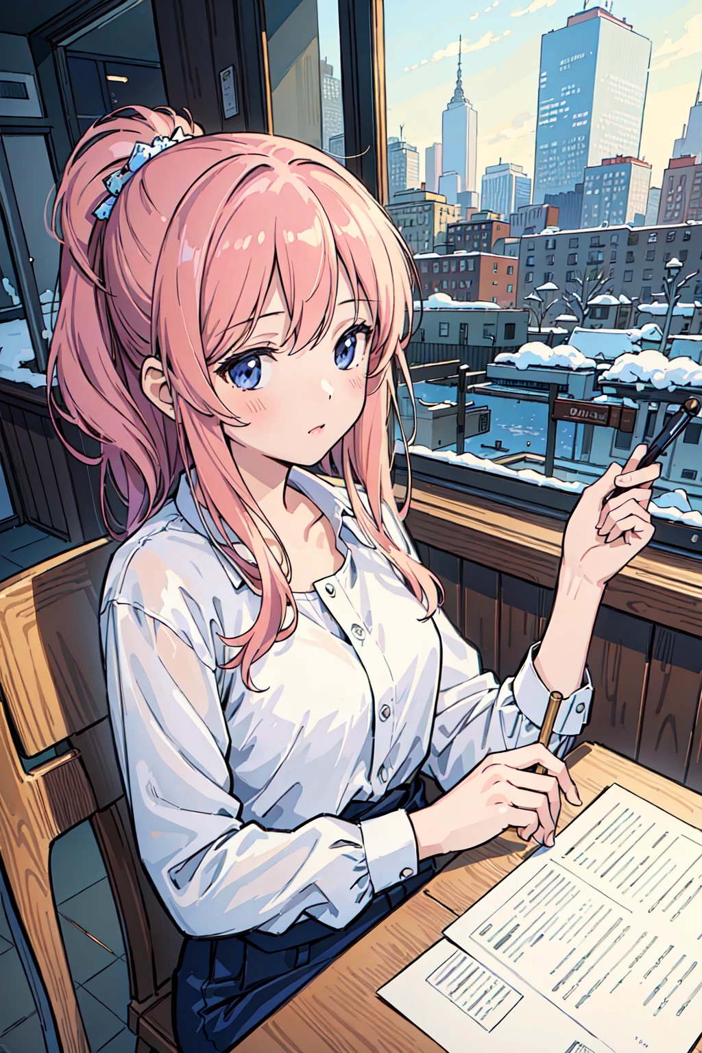 ((masterpiece)),(((best quality))), girl,((ultra-detailed)), (highly detailed CG illustration), ((an extremely delicate and beautiful)),(expressionless),cafeteria,winter,cityscape, random wear