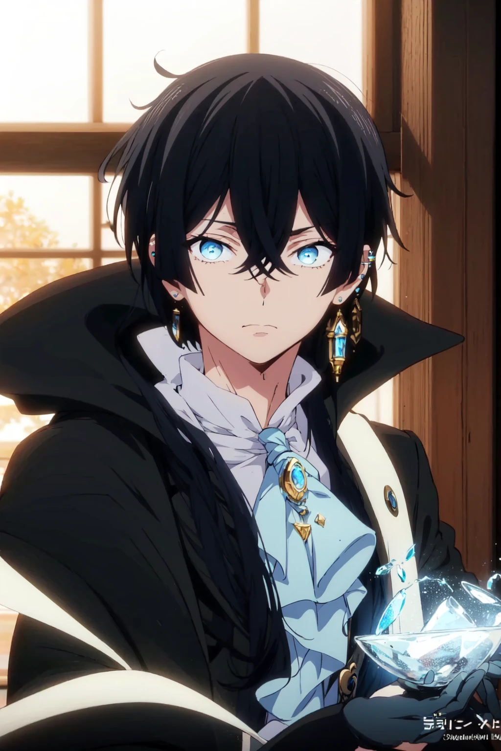 (masterpiece:1.2, best quality), (finely detailed beautiful eyes: 1.2), (detailed background,dark fantasy), (beautiful detailed face), high contrast, (best illumination, an extremely delicate and beautiful), ((cinematic light)), colorful, hyper detail, dramatic light, intricate details, (<lora:vanitas:1>, looking at viewer, gloves, hair between eyes, jewelry, male focus, earrings, sword, coat, ascot white ascot), swirling black light around the character, depth of field,black light particles,(broken glass),magic circle, ((1boy)), ((black hair))