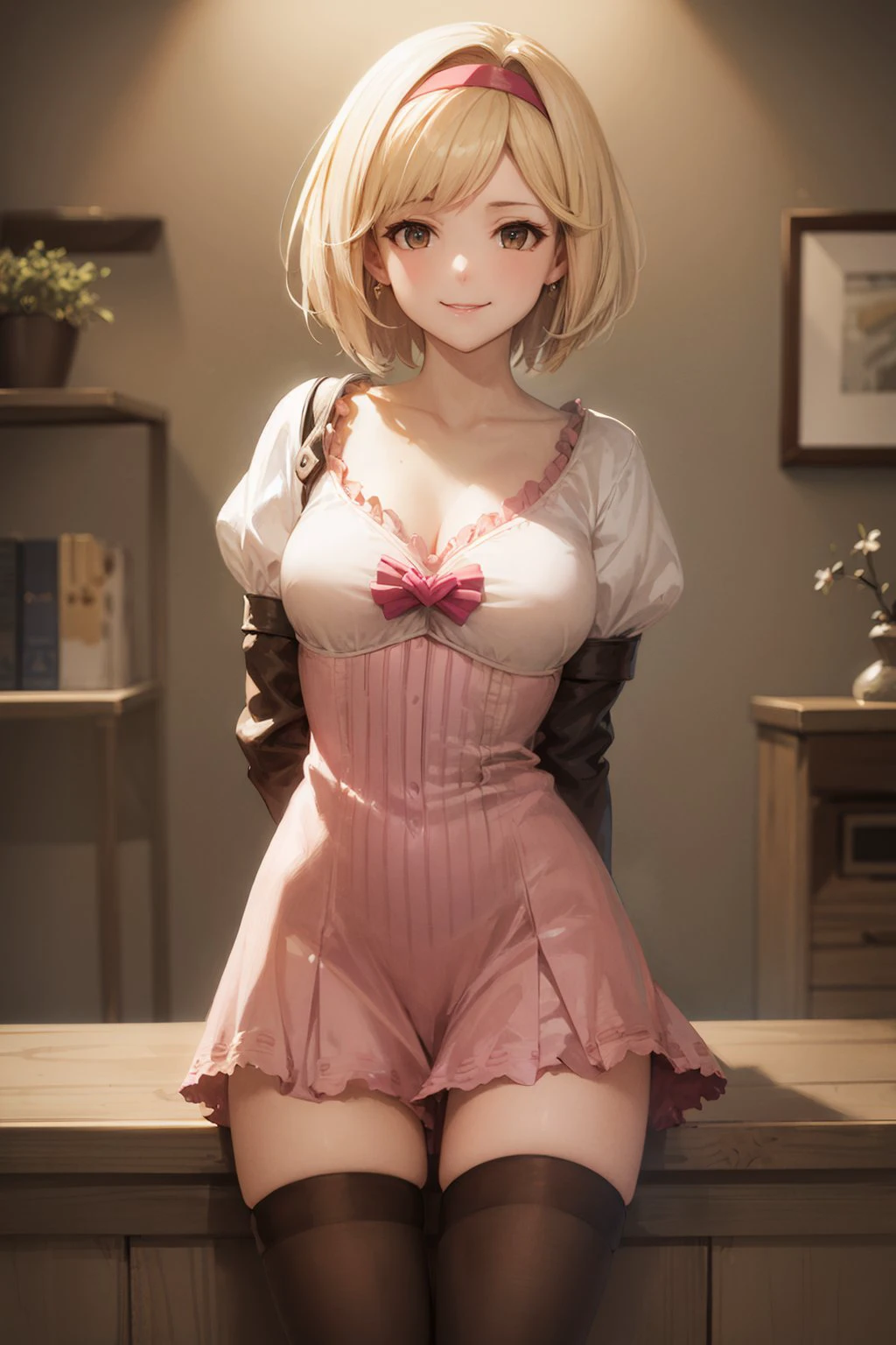 (masterpiece, best quality:1.2), <lora:granblue_djeeta-10:1>, cowboy shot, solo, 1girl, djeeta \(granblue fantasy\), smile, looking at viewer, arms behind back, pink hairband, dress, thighhighs, collarbone