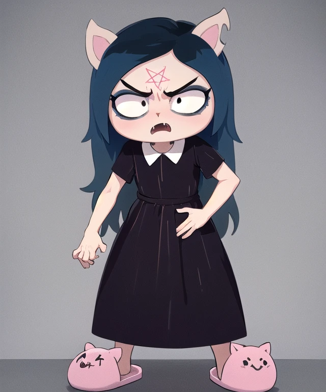 claire, blue hair, black dress, angry, standing, solo, pentagram, slippers, best quality
<lora:claire-10:0.9>