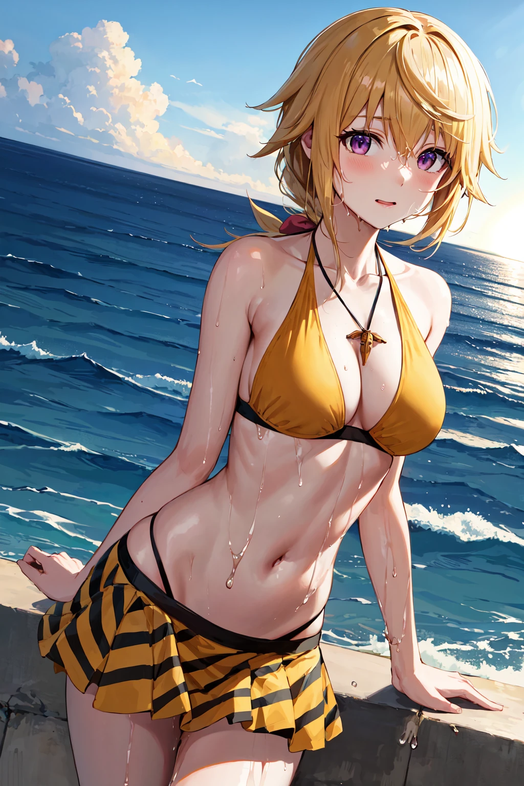 masterpiece, best quality, highres, sd1, charlotte dunois, ponytail, bikini, bikini skirt, pendant, medium breasts, <lora:charlotte_dunois_v1:0.7>, ocean, wet,