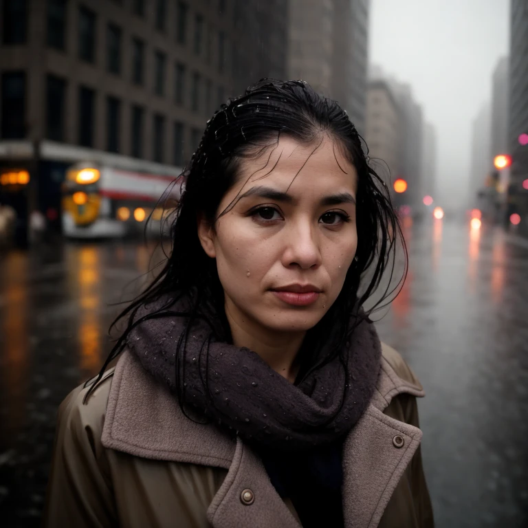 a stern self-assured woman in the rain, wet hair, city streets background, skin pores, wide angle 20mm f/11 on kodak ektachrome e100, overcast, soft focus, film grain, desaturated, muted colors, eye contact
