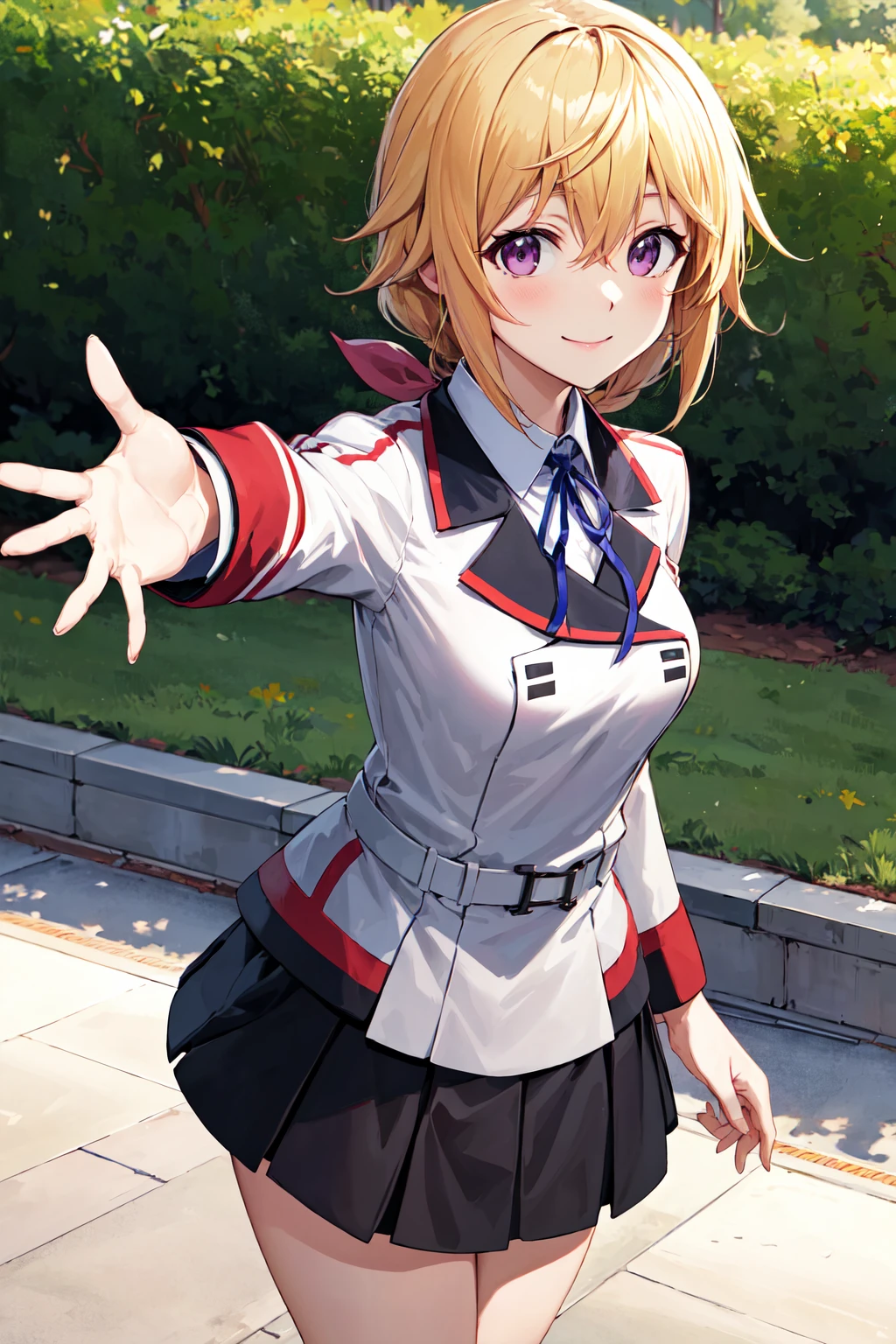 masterpiece, best quality, highres, sd1, charlotte dunois, ponytail, school uniform, skirt, hair ribbon, belt, long sleeves, <lora:charlotte_dunois_v1:0.7>, reaching out, smile