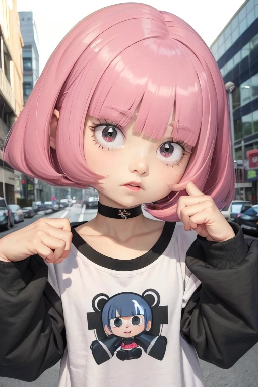 1girl, hckrgrl, pink hair, bob cut, blunt bangs, black eyes, white shirt, black shirt, long sleeves, blue shorts, city <lora:hackergirl:0.7>