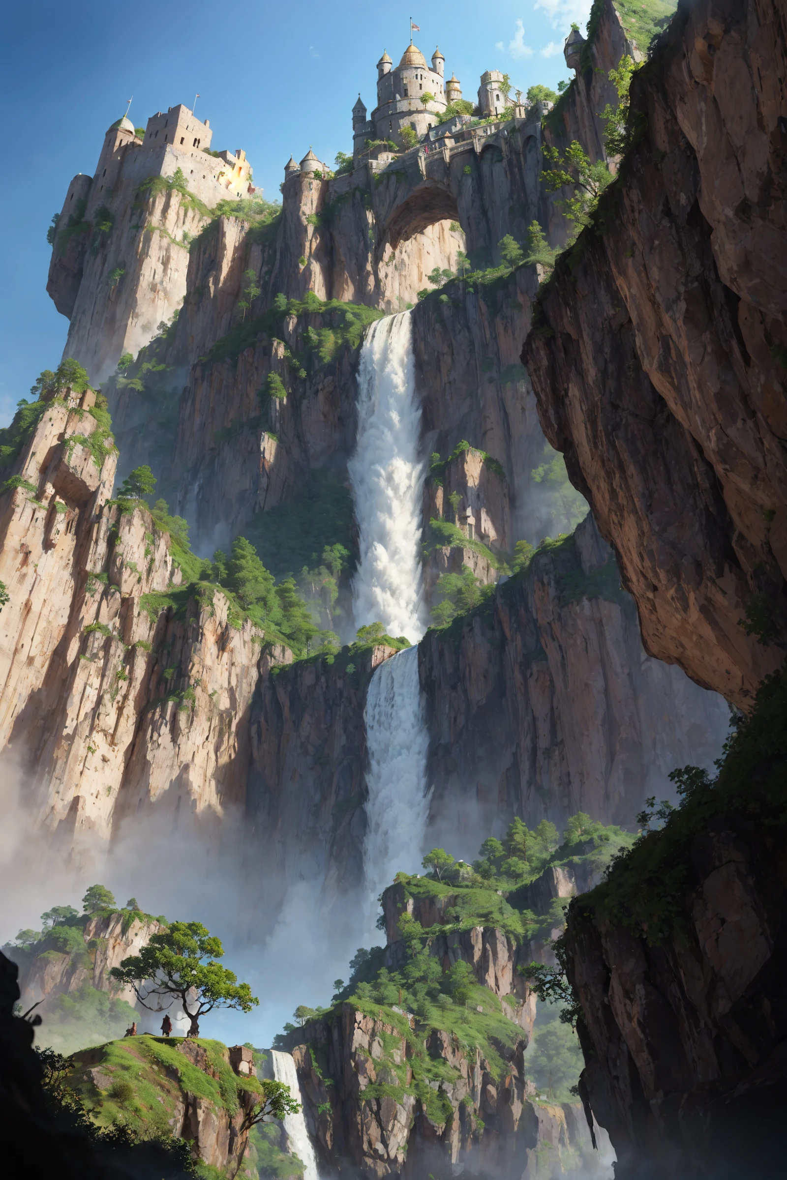 masterpiece, best quality, (realistic, highly detailed), fortress on a cliff, from below