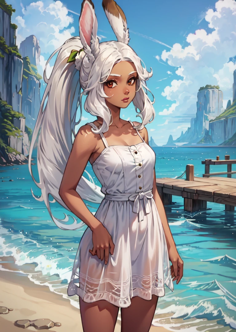 masterpiece, best quality, fran, viera, revealing clothes, white sundress, dockside, standing, looking at viewer <lora:fran-nvwls-v3-000012:0.8>