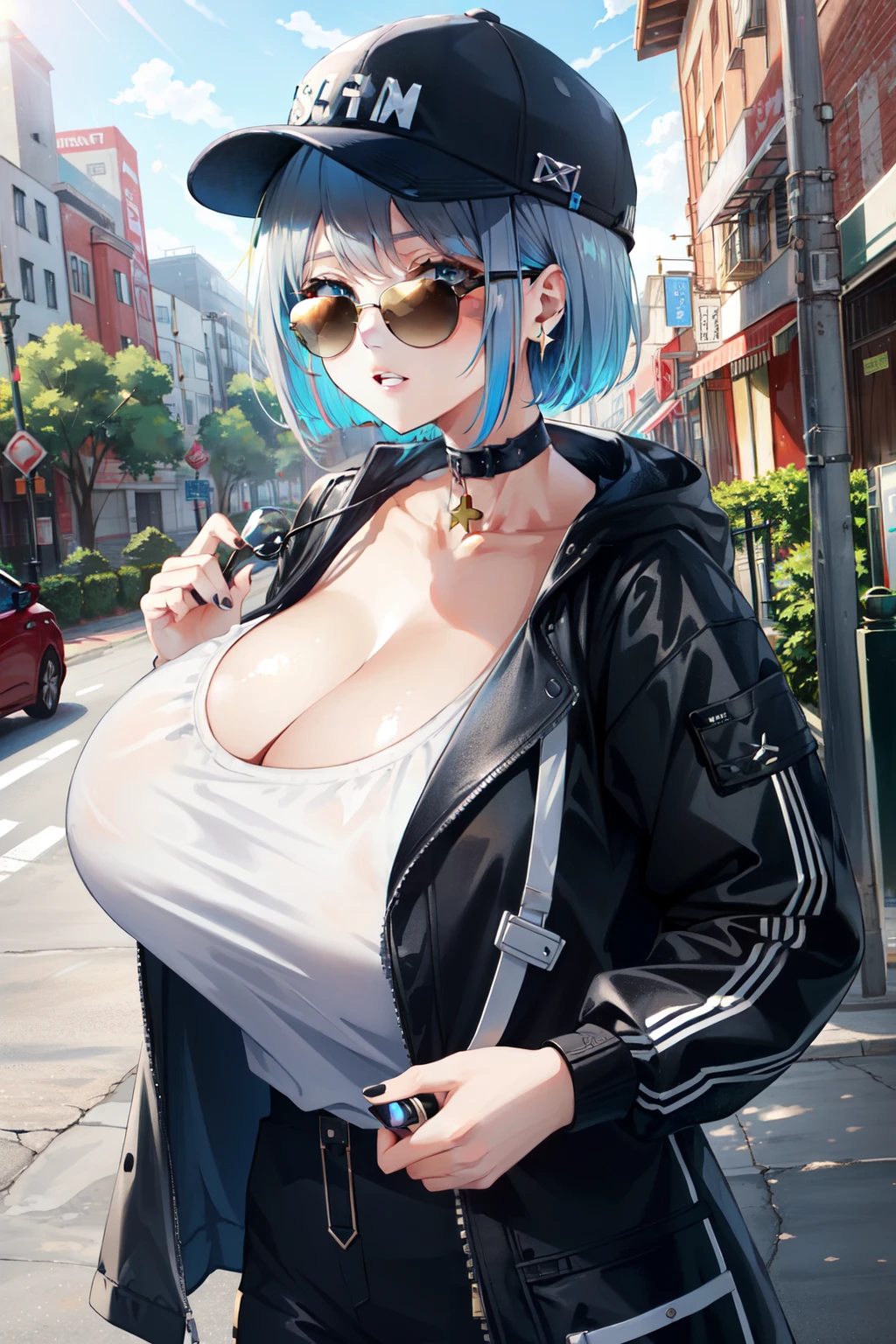 gigantic breasts, masterpiece, best_quality, absurdres, ultra-detailed, extremely_detailed, 1girl, (techwear:1.4), baseball_cap, black_headwear, black_nails, blue_choker, blue_eyes, grey_hair, casual, choker, head_tilt, short_hair, bob_cut, swept_bangs, single_sidelock, long_sleeves, looking_at_viewer, (multicolored_clothes, two-tone_techwear, blue_techwear, black_techwear:1.2), nail_polish, partially_unzipped, piercing, shirt, solo, star_earrings, (sunglasses:1.4), upper_body, t-shirt, collarbone, white_shirt, clothes_writing, scenery, outdoors, city, gold_chain, sunlight, parted_lips, dynamic_angle, dutch_angle,