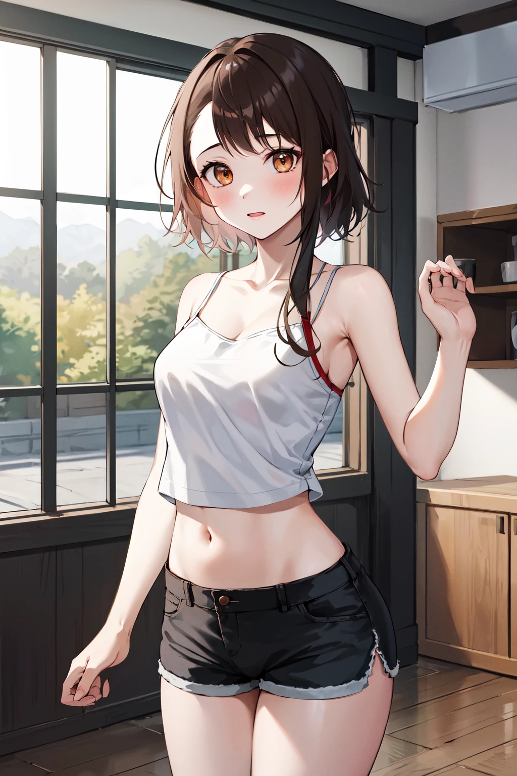 masterpiece, best quality, highres, ondr, 1girl, <lora:onodera_kosaki_v1:0.7>, white camisole, midriff, short shorts,