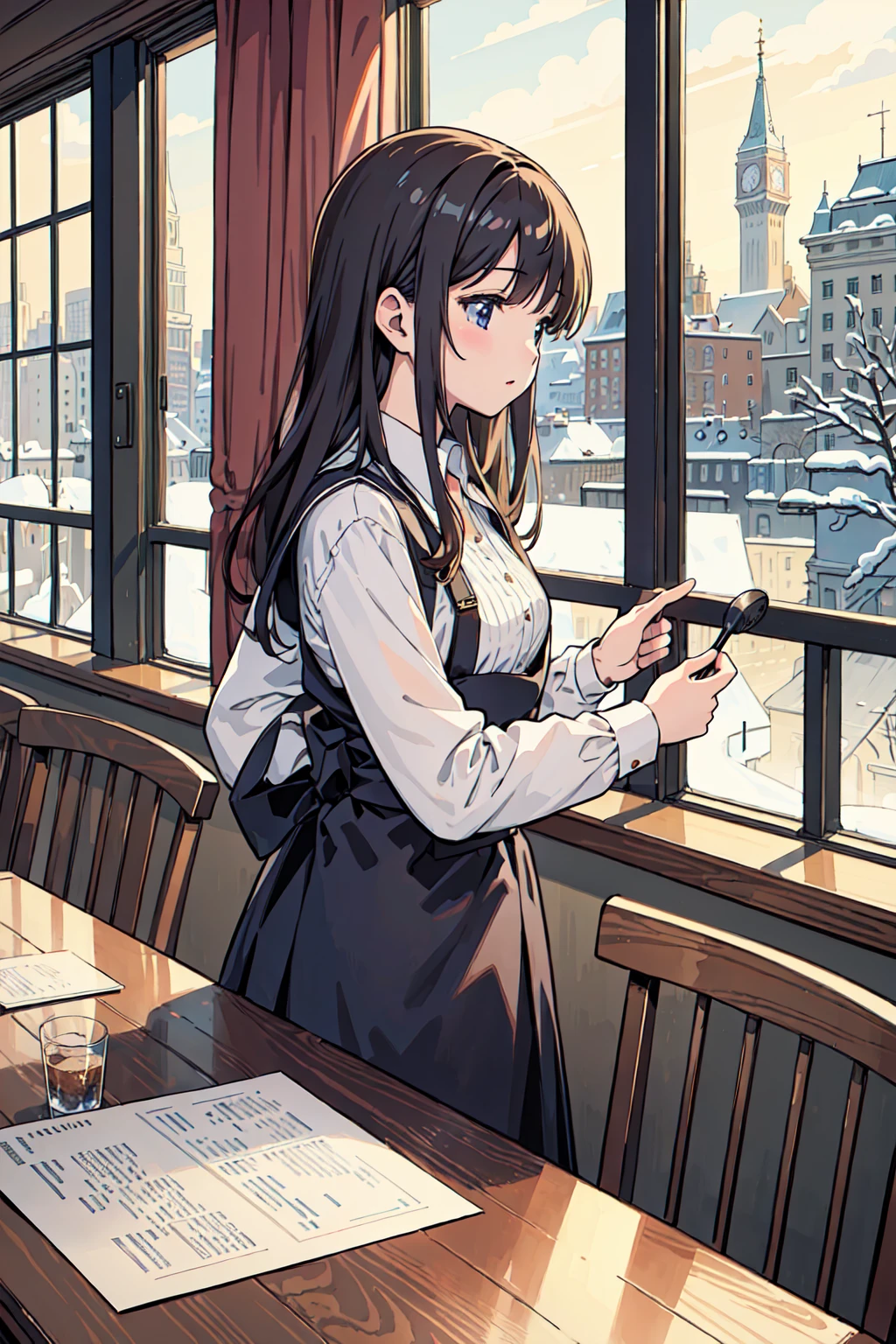 ((masterpiece)),(((best quality))), girl,((ultra-detailed)), (highly detailed CG illustration), ((an extremely delicate and beautiful)),(expressionless),cafeteria,winter,cityscape, random wear