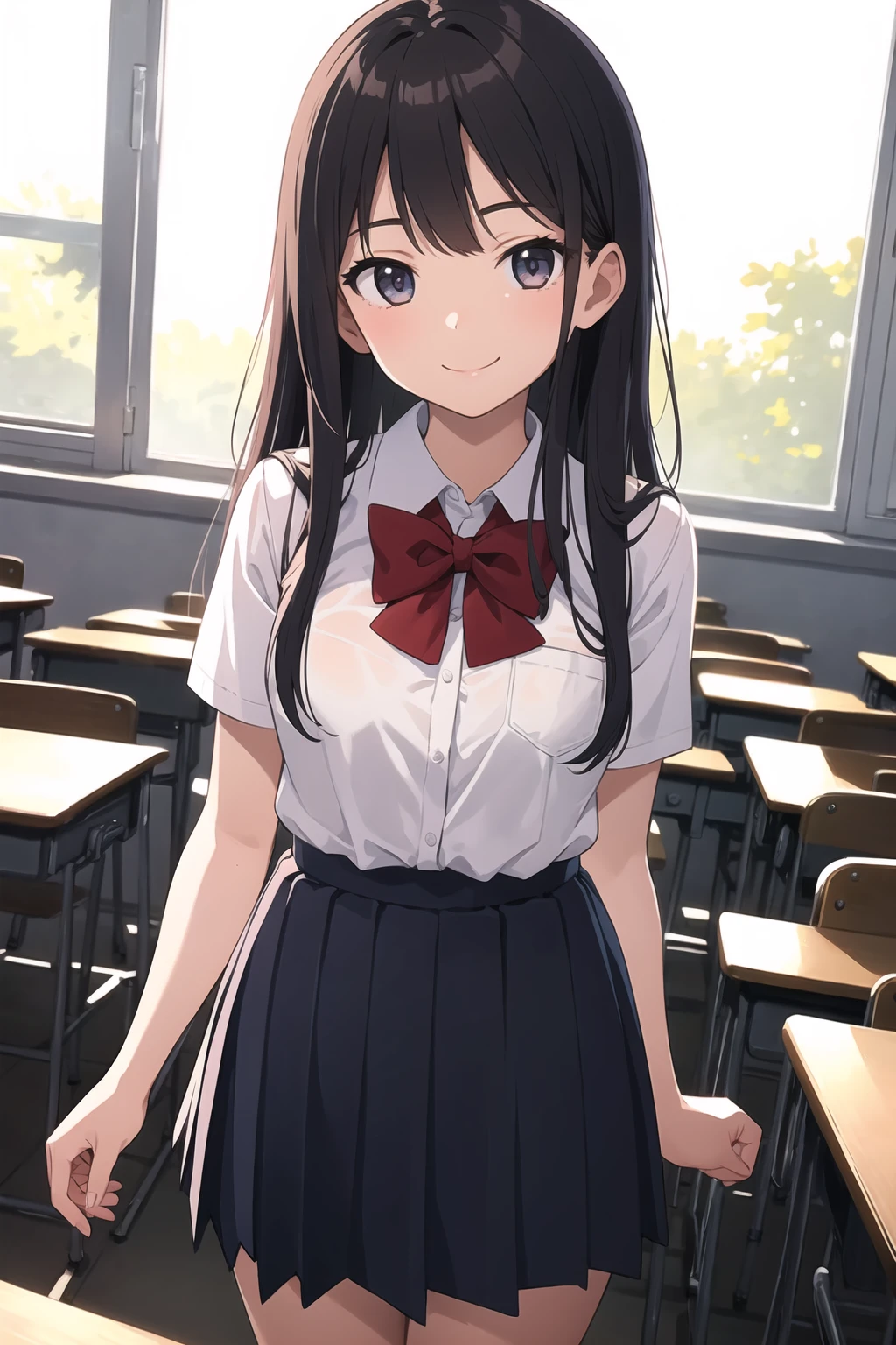 best quality, masterpiece,1girl,classroom,school uniform,smile
