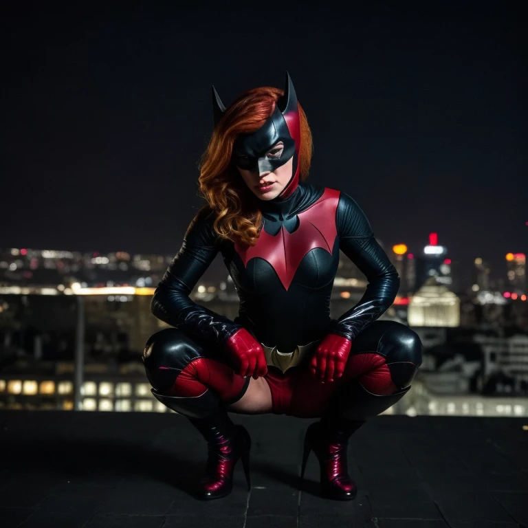 batwoman squatting on a rooftop at night, high quality, dramatic lighting