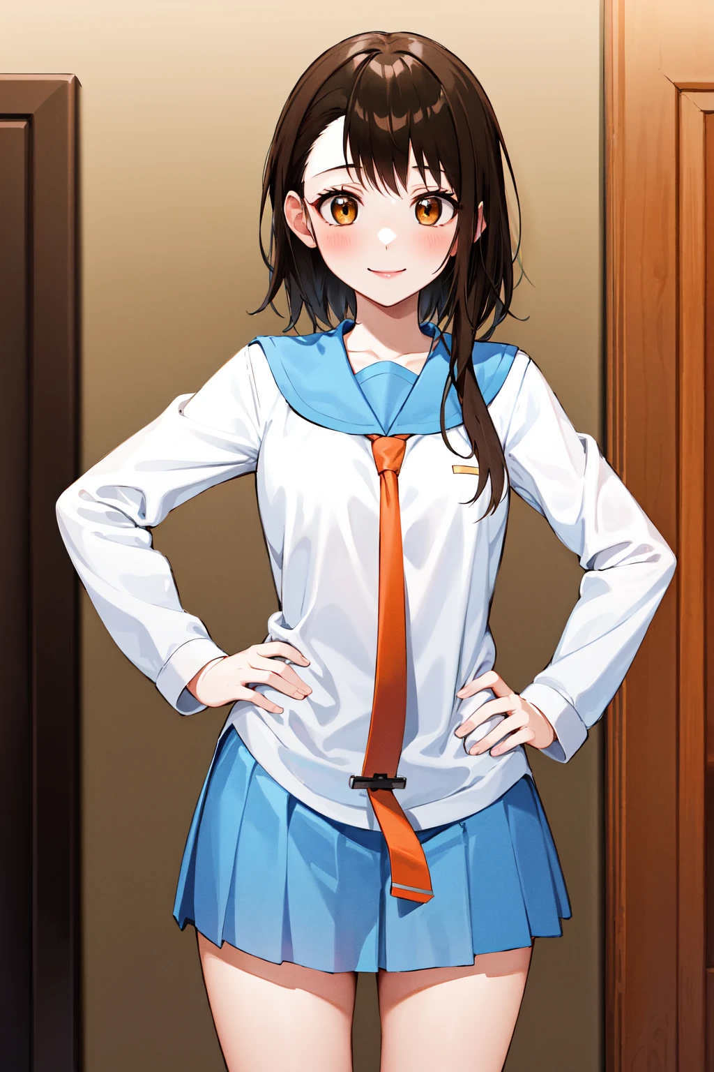 masterpiece, best quality, highres, ondr, 1girl, school uniform, white socks, serafuku, blue skirt, pleated skirt, necktie, long sleeeves, <lora:onodera_kosaki_v1:0.7>, cowboy shot, standing, smile, hand on hip,