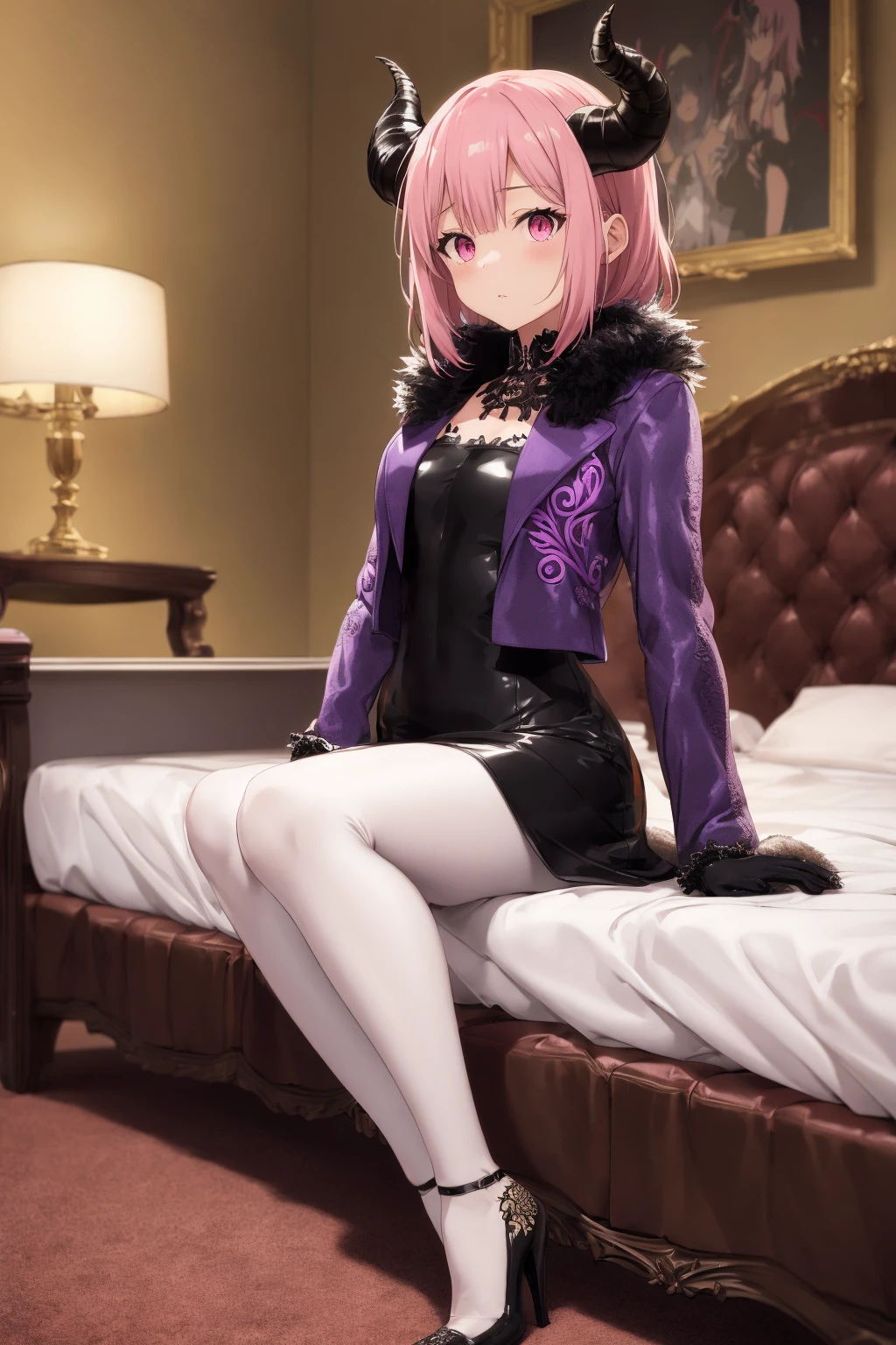 (exceptional,best aesthetic,new,newest,best quality,masterpiece,extremely detailed,anime:1.2),1girl,(((demon tail))),purple fur coat,wings,purple coat,purple fur-trimmed jacket,fur coat,winter coat,black dress,black leather dress,demon,horns,demon horns,demon wings,demon tail,demon wings,demon wings,blonde hair,pink eyes,black leather dress,purple fur coat,pantyhose,high heels,mansion bedroom,white gloves,inside,sitting,indoors,embroidery,embroidery,silk,white heels,forked tail,spade tail <lora:SilvermoonMix2:1>