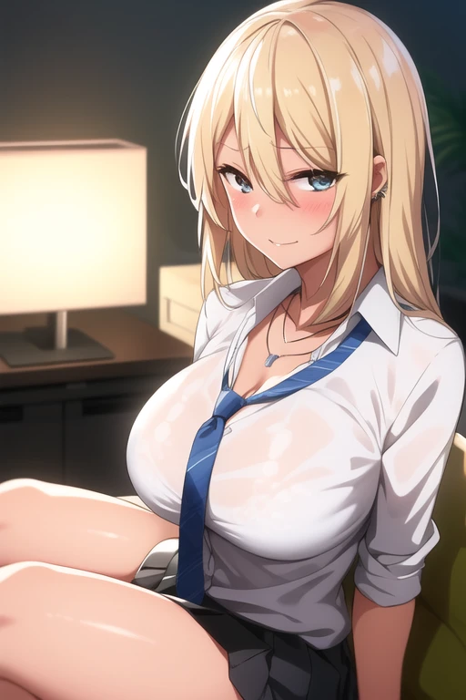 masterpiece,ultra detailed,sharp focus,smooth anime,high resolution,fringe hair,(blonde hair,dark skin:1.5),curvy adult body,bow tie,school cardigan,huge breasts,,(cleavage,nipple-baring,,dress shirt,navy pleated skirt),,peace sign,double peace,(thick lips:1.3),(tareme:1.3),earring,(having sex on bed,vaginal penis),,(pubic hair),bedroom,(at morning,sunny day,morning sun light from window:1.2),cowgirl position,(blushed and grinning:1.4),pubic hair,(wetty pussy:1.3),(sweaty),(creampie,cum in pussy:1.2),open mouth,excessive cum in pussy,(look at viewer:1.2),thick thighs,curvy adult body,close up,