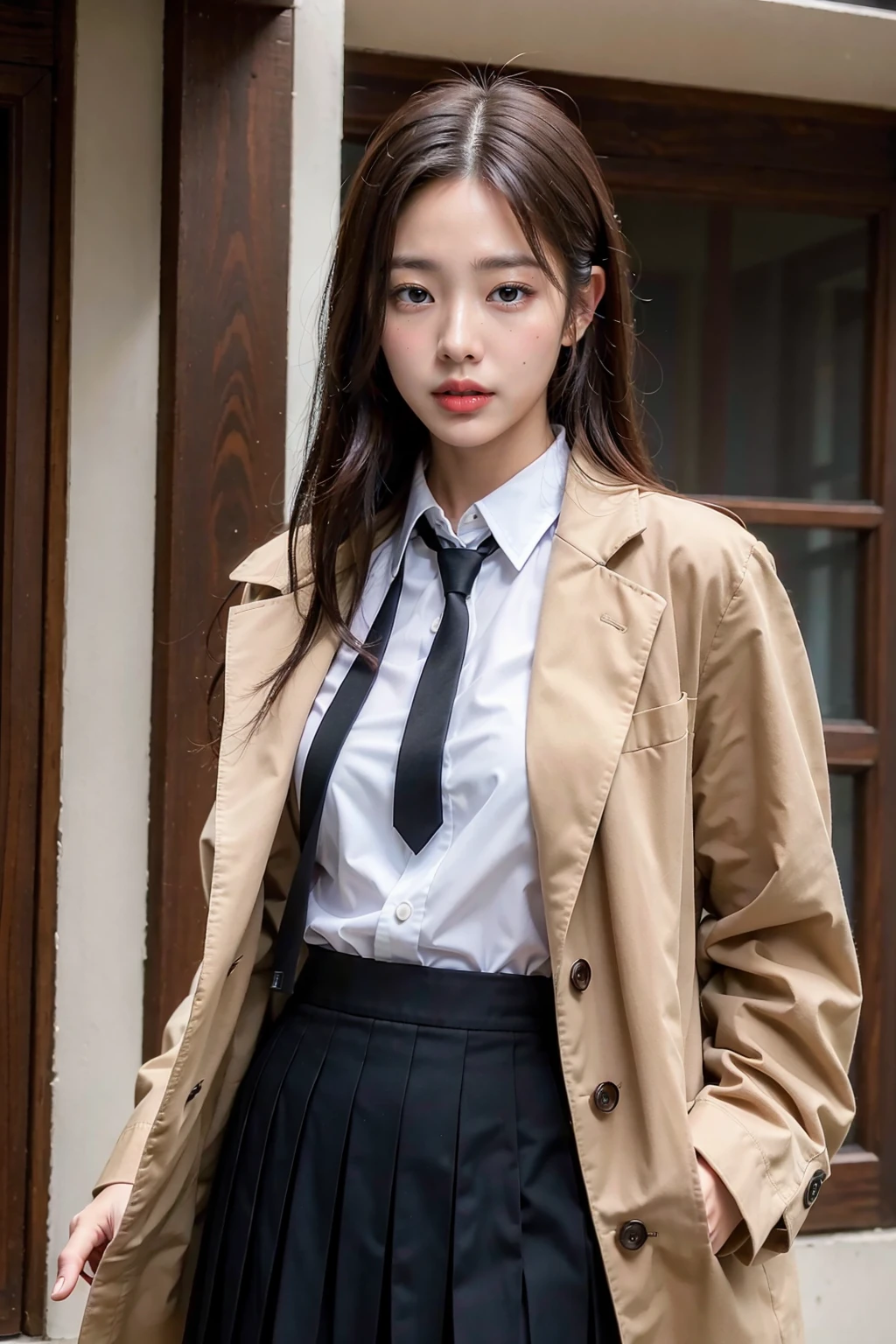 (8k, RAW photo, best quality, masterpiece:1.2), High detail RAW color photo, professional photograph, (realistic, photo realistic:1.37), cinematic light, <lora:kor_insta_girl_v11:0.4>, 1girl, white collared shirt, brown long coat, black tie, full body, black pleated skirt,