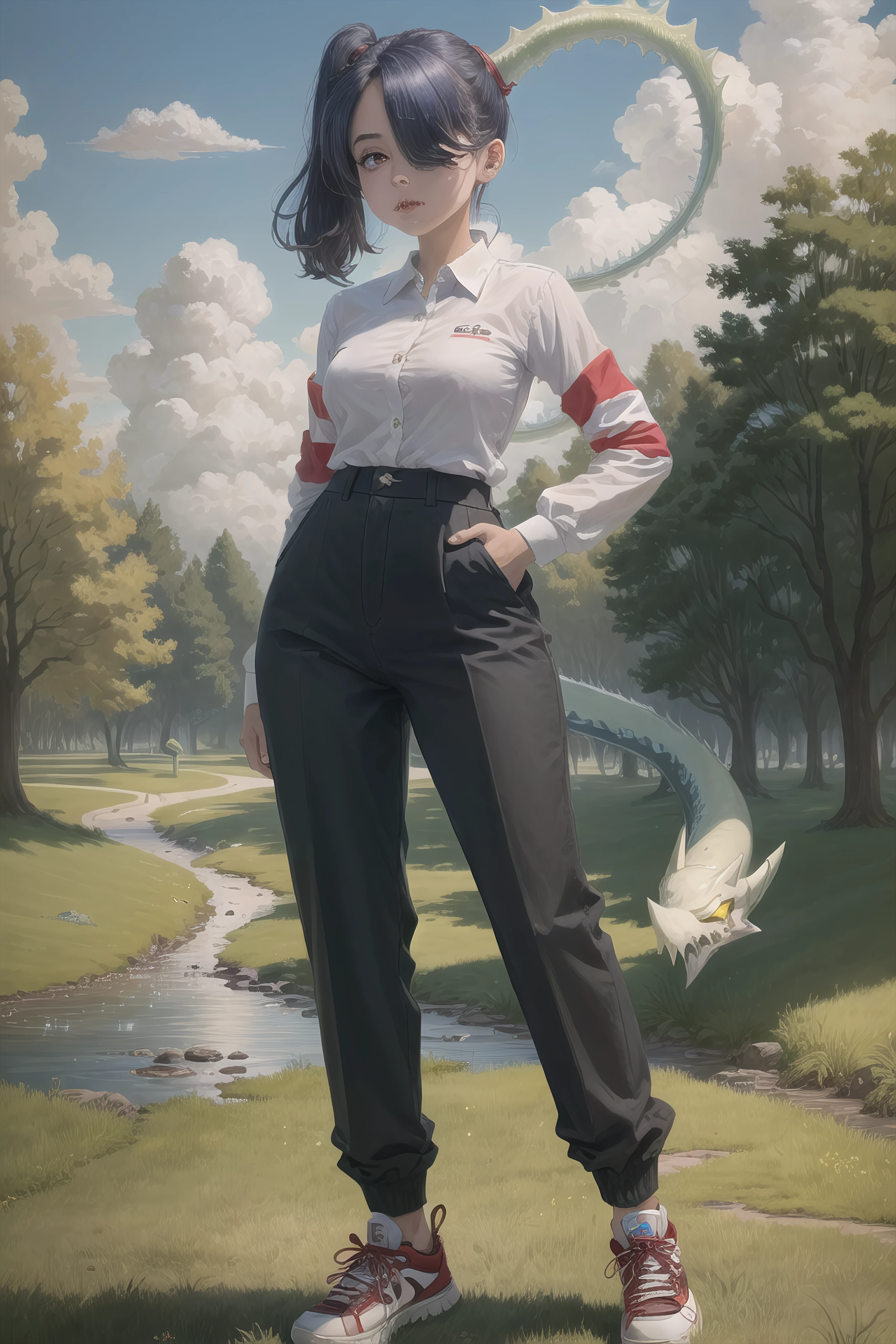 ((masterpiece, high quality, best quality:1.3)), squigly, 1girl, solo, medium breasts, ((hair over one eye, red eyes)), side ponytail, ((blue skin, stitches, zombie:1.3)), stitched mouth, extremely detailed, ((park background, detailed background:1.3)), skeletal arm, vivid colos, big lips, baggy eyes, large eyelashes, pleated trousers, sneakers,  pleated shirt,  (leviathan:1.3), <lora:squigly skullgirls:0.9>