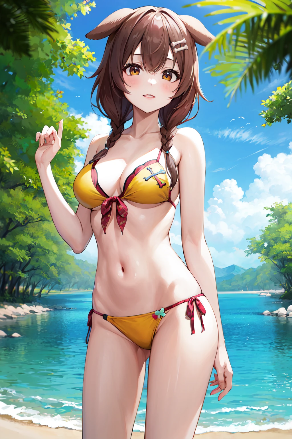 masterpiece, best quality, highres, ik4, animal ears, swimsuit, yellow bikini, hairclip, <lora:inugami_korone_v1:0.7>, standing, cowboy shot,