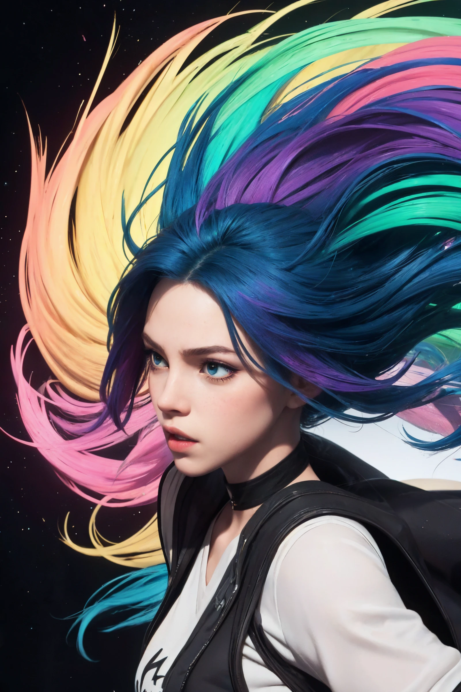 masterpiece, best quality, (realistic, highly detailed), rainbow hair vortex, wild hair, mane