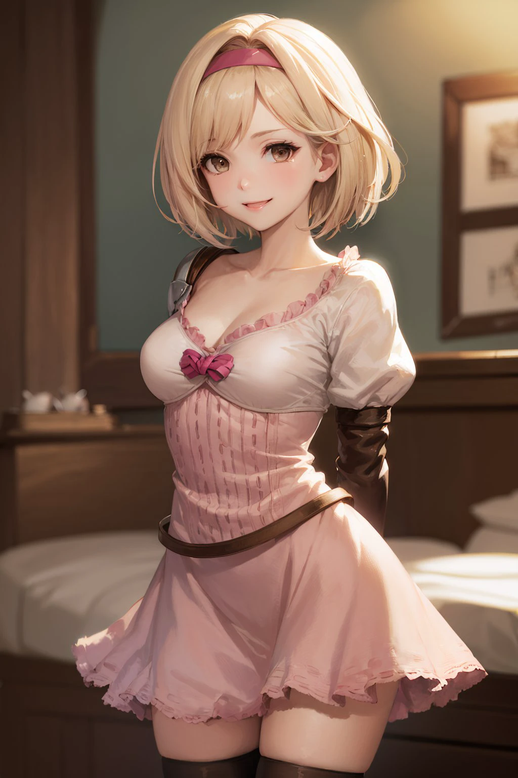 (masterpiece, best quality:1.2), <lora:granblue_djeeta-10:1>, cowboy shot, solo, 1girl, djeeta \(granblue fantasy\), smile, looking at viewer, arms behind back, pink hairband, dress, thighhighs, collarbone