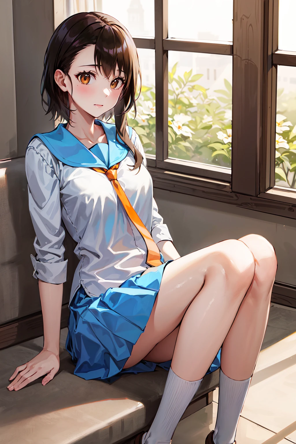 masterpiece, best quality, highres, ondr, 1girl, school uniform, white socks, serafuku, blue skirt, pleated skirt, necktie, <lora:onodera_kosaki_v1:0.7>,