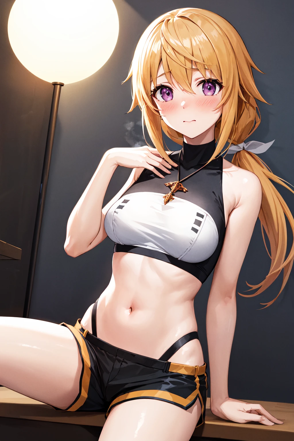 masterpiece, best quality, highres, sd1, charlotte dunois, midriff, navel, pendant, medium breasts, turtleneck, shorts, ponytail, crop top, <lora:charlotte_dunois_v1:0.7>, hand on own chest, embarrassed, blush,