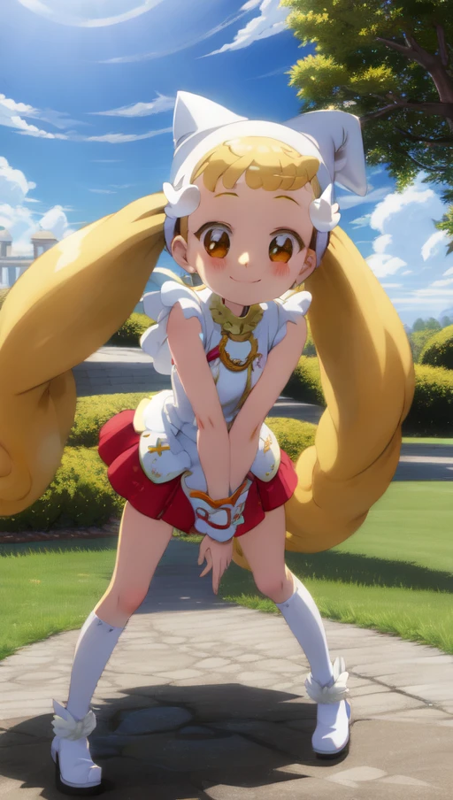 (little girl), (ultimate cute girl), (makihatayama_hana), 1girl, (full body), blonde hair, long hair, hair intakes, brown eyes, dot nose, (hanawitch:1.5), (magical girl), blue sky, park, (model pose), (smile), shade, anime keyvisual <lora:hana_makihatayama_v3:0.8>