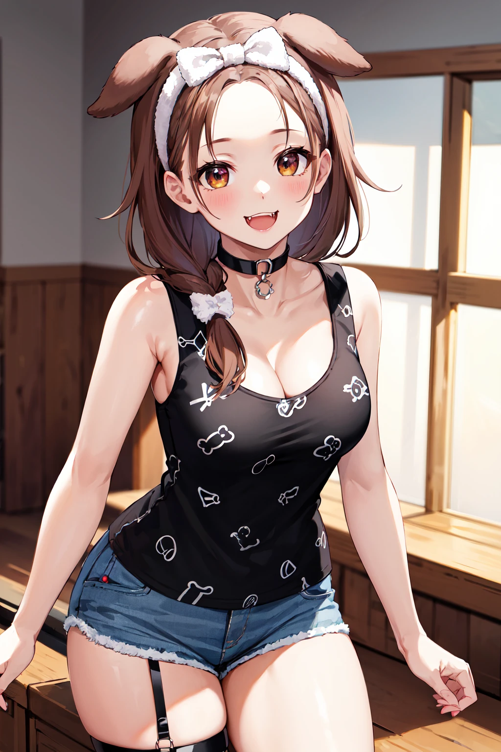 masterpiece, best quality, highres, ik3, black shirt, animal ears, brown hair, forehead, bow hairband, cleavage, black choker, medium breasts, thigh strap, print shirt, sleeveless shirt, short shorts, fangs, <lora:inugami_korone_v1:0.7>, cowboy shot, smile, indoors,