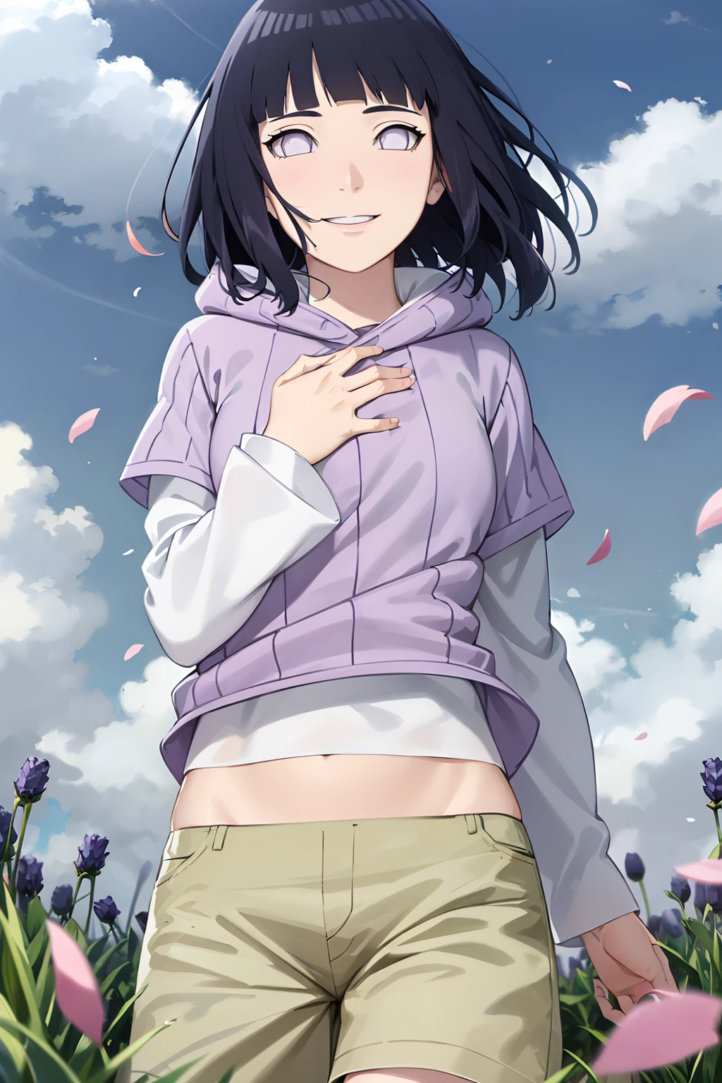 masterpiece, absurdres, hinata\(boruto\), 1girl, solo,mature female, purple hoodie,layered sleeves, brown pants,  outdoors,lavender flower field, wind, floating hair,hand on own chest,  looking at viewer, smile, (falling petals), cloudy sky, 