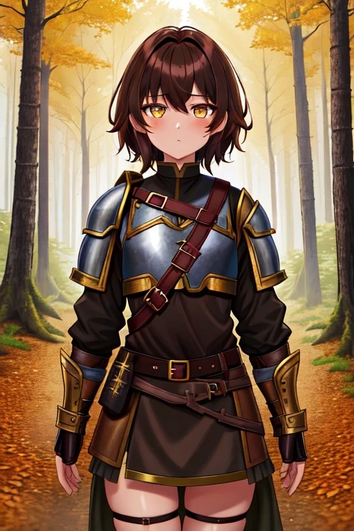brown_hair, dark_hair, golden_eyes, 1girl, fantasy, village, short_hair, portrait, poor, forest, simple_clothes, dirty_clothing, tomboy, confident, leather_armor, gambeson, adventurer, shoulder_pads, scenery
