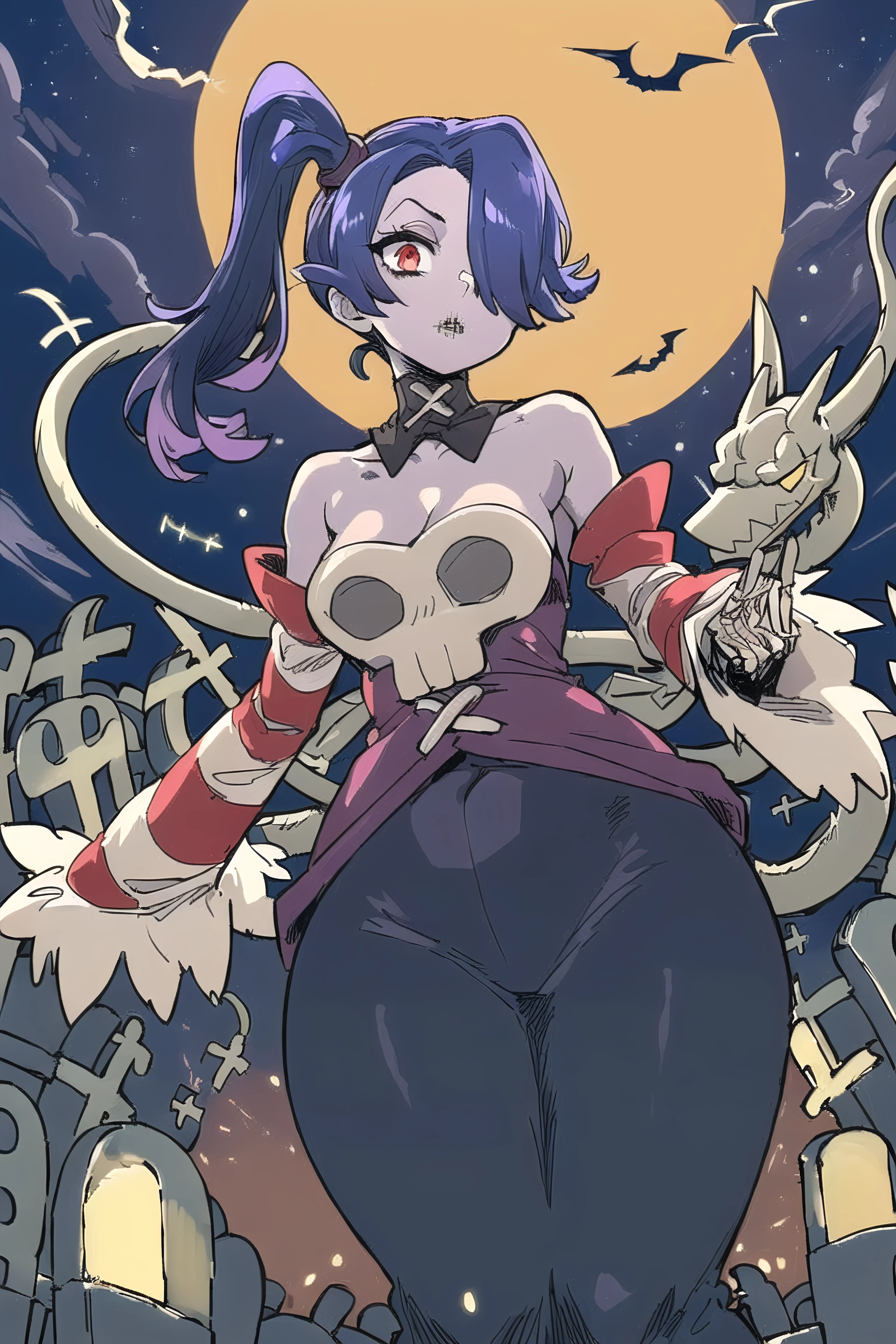 ((masterpiece, high quality, best quality:1.3)), squigly, 1girl, solo, medium breasts, looking at viewer, bare shoulders, detached sleeves, hair over one eye, red eyes, side ponytail, one ponytail, detached collar, skull, ((blue skin)), stitches, zombie, striped sleeves, stitched mouth, extremely detailed, high detailed, ((background light particles, graveyard, spookey background, at night, moon, graveyard background, detailed background:1.5)), perfect face, beauty, perfect eyes, ((skeletal arm, vivid colos, dynamic pose, big ass, big lips)), baggy eyes, makeup, large eyelashes, cute, adorable, serius, ((leviathan:1.3)), full body, natural light, lunar light, (long skirt, perspective:1.2), <lora:squiglyV2-10:1>