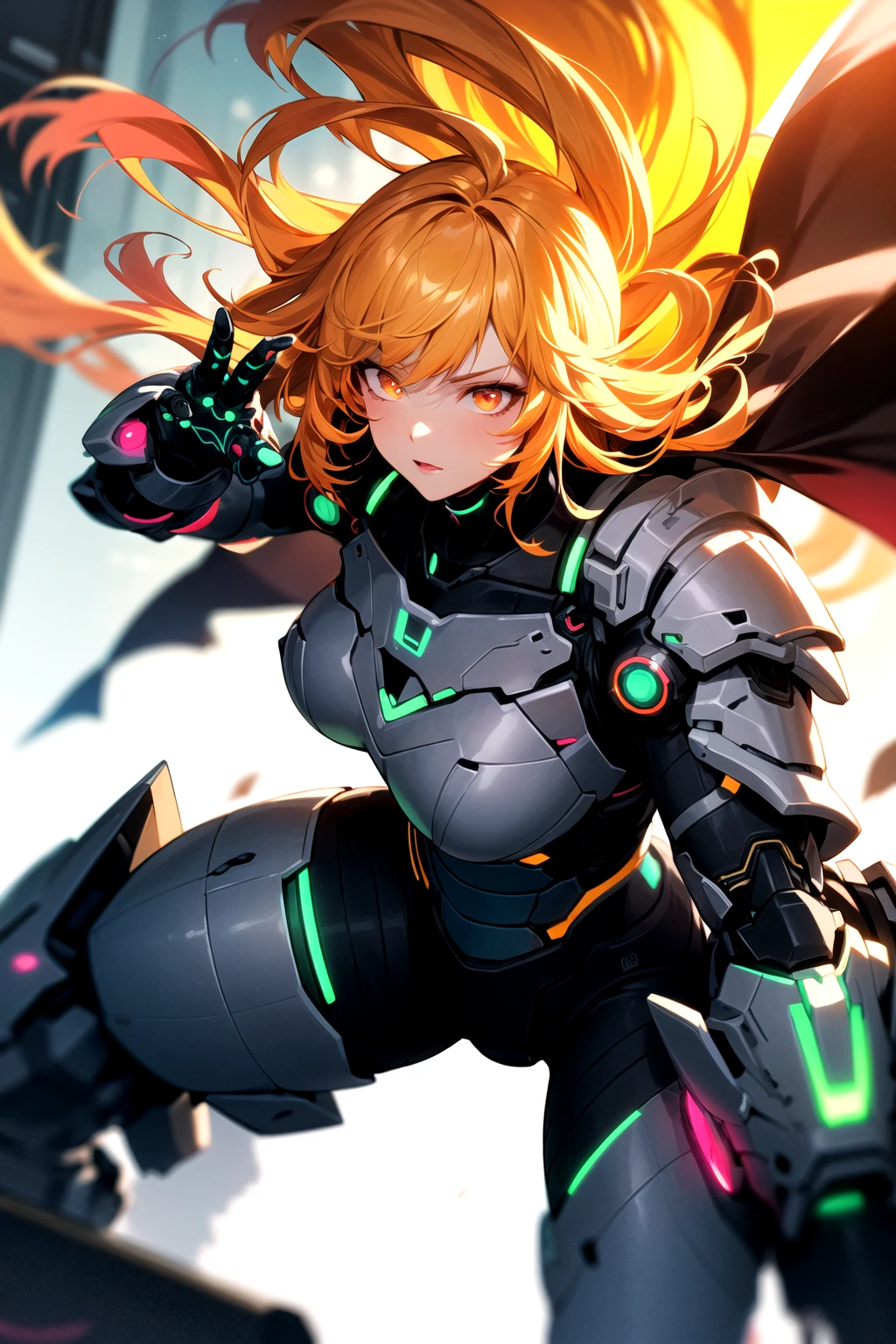 night, bright neon colors, cyborg girl, gradient red and yellow hair blowing in the wind, detailed cyber heavy armor, glowing armor, cybernetic limbs, dynamic angle, (cyberpunk:1.1), best quality, hires, depth of field, detailed background, diffused skin glow