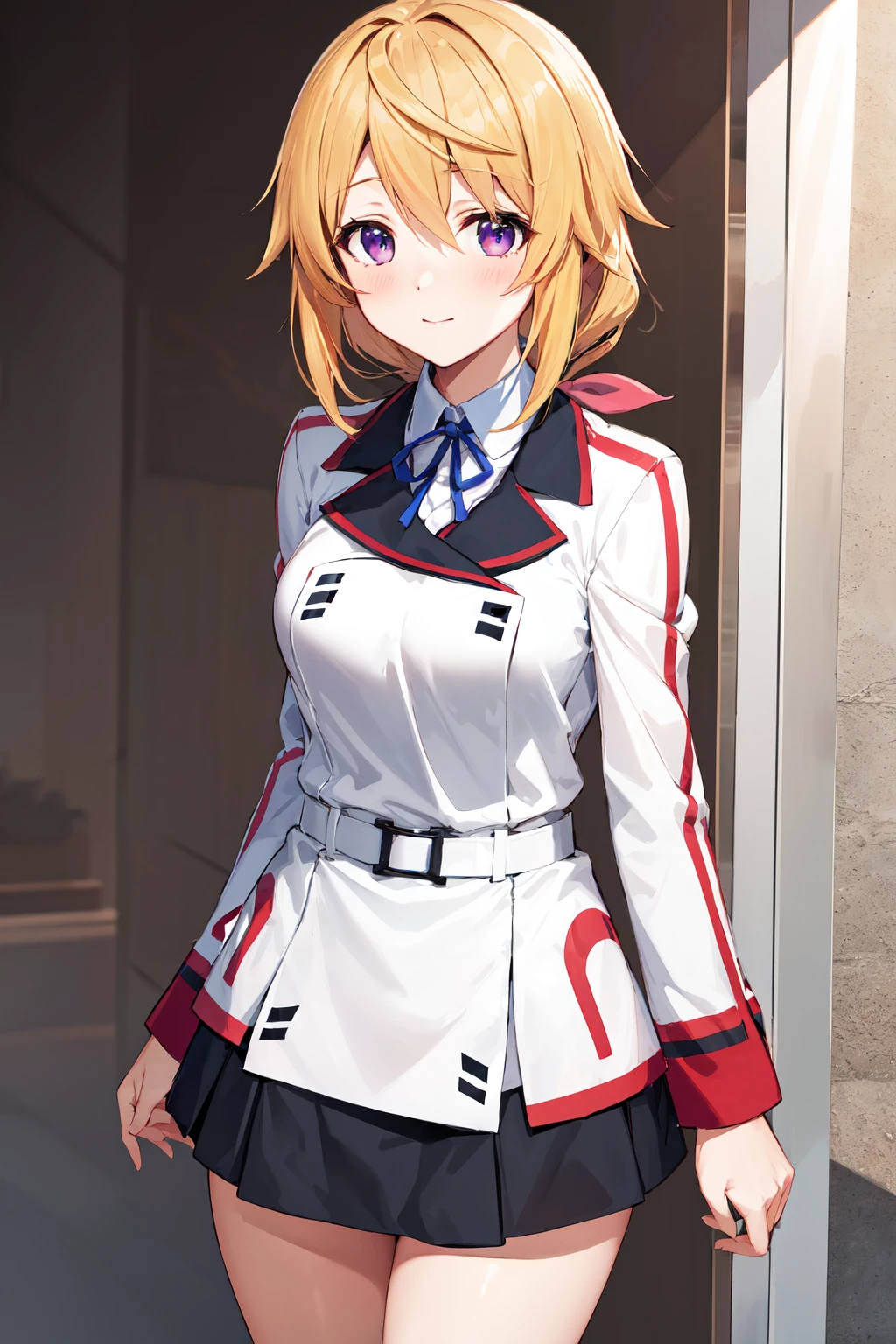 masterpiece, best quality, highres, sd1, charlotte dunois, ponytail, school uniform, skirt, hair ribbon, belt, long sleeves, <lora:charlotte_dunois_v1:0.7>, cowboy shot,