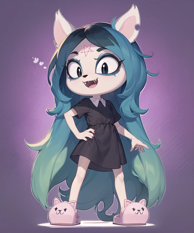 claire, furry catgirl, white fur, petite, blue long hair, parted bangs, fangs, black eyes, slit pupils, :3, pentagram forehead mark, black collared dress, short sleeves, pink animal slippers, cat ears, cat nose,
open mouth, smile, standing, solo, full body, white outline, purple background, (masterpiece), best quality <lora:claire-10:0.85>