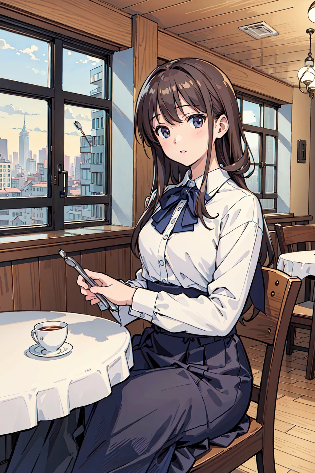 ((masterpiece)),(((best quality))), girl,((ultra-detailed)), (highly detailed CG illustration), ((an extremely delicate and beautiful)),(expressionless),cafeteria,winter,cityscape, random wear