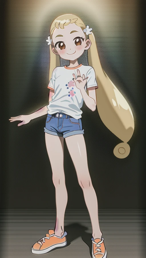 masterpiece, best quality, absurdres, perfect antomy, (fingers 5 fingers),(little girl), (ultimate cute girl), (makihatayama_hana), 1girl, solo, (full body), blonde hair, long hair, brown eyes, dot nose, (hanacos01), (white shirt:1.2), (blue shorts:1.2) , (orange shoes), (model pose), (smile),<lora:hana_makihatayama_v3:0.8>