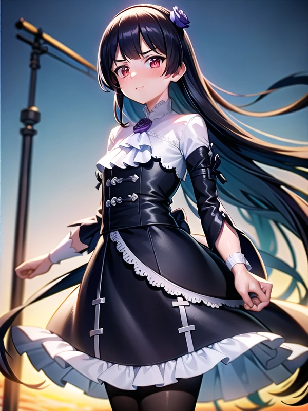 (hyper extreme detailed),(masterpeace),(hyper extreme),(photorealistic),CG,(colour:1.2), beautiful lighting,light from the front,official art, 1girl, sunny day,outdoor for park,looking at viewer,view straight on, <lora:kuroneko:1>,kuroneko,black hair, long hair, straight hair,red eyes, black dress , black pantyhose, pumps,flower hair band,standing,