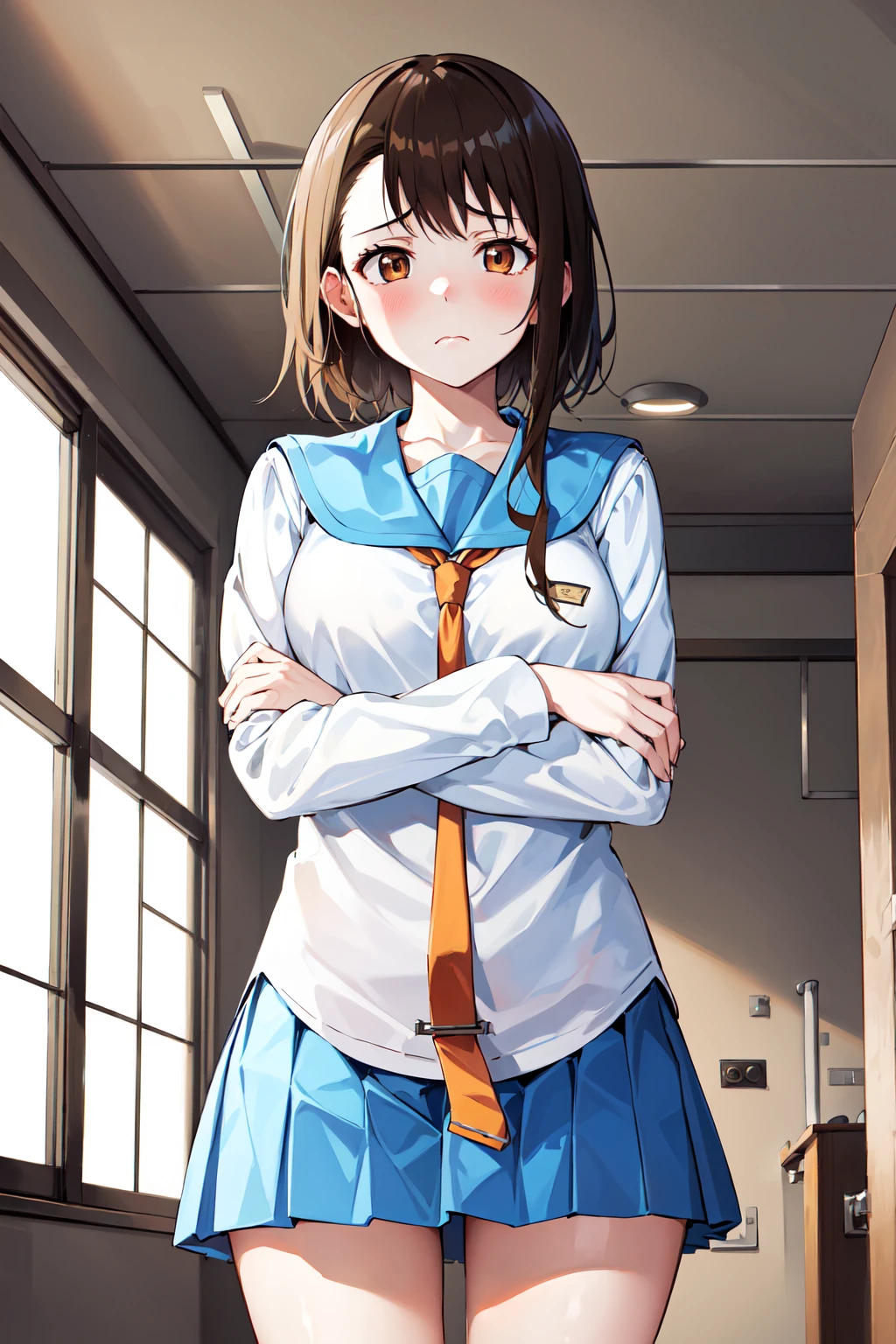 masterpiece, best quality, highres, ondr, 1girl, school uniform, white socks, serafuku, blue skirt, pleated skirt, necktie, <lora:onodera_kosaki_v1:0.7>, frown,