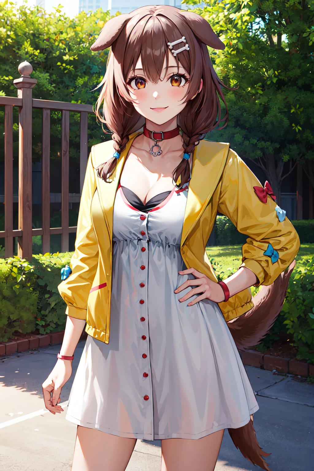 masterpiece, best quality, highres, ik1, 1girl, white dress, yellow jacket, dog tail, animal collar, cleavage, medium breasts, wristband, cartoon bone, hairclip, <lora:inugami_korone_v1:0.7>, cowboy shot, standing, outdoors, smile, hand on hip,