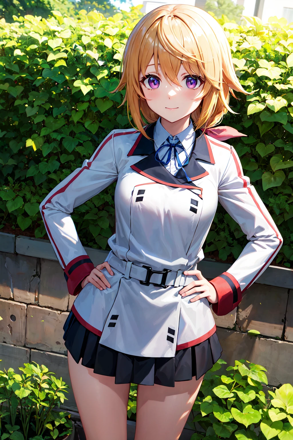 masterpiece, best quality, highres, sd1, charlotte dunois, ponytail, school uniform, skirt, hair ribbon, belt, long sleeves, <lora:charlotte_dunois_v1:0.7>, hand on hip, garden,