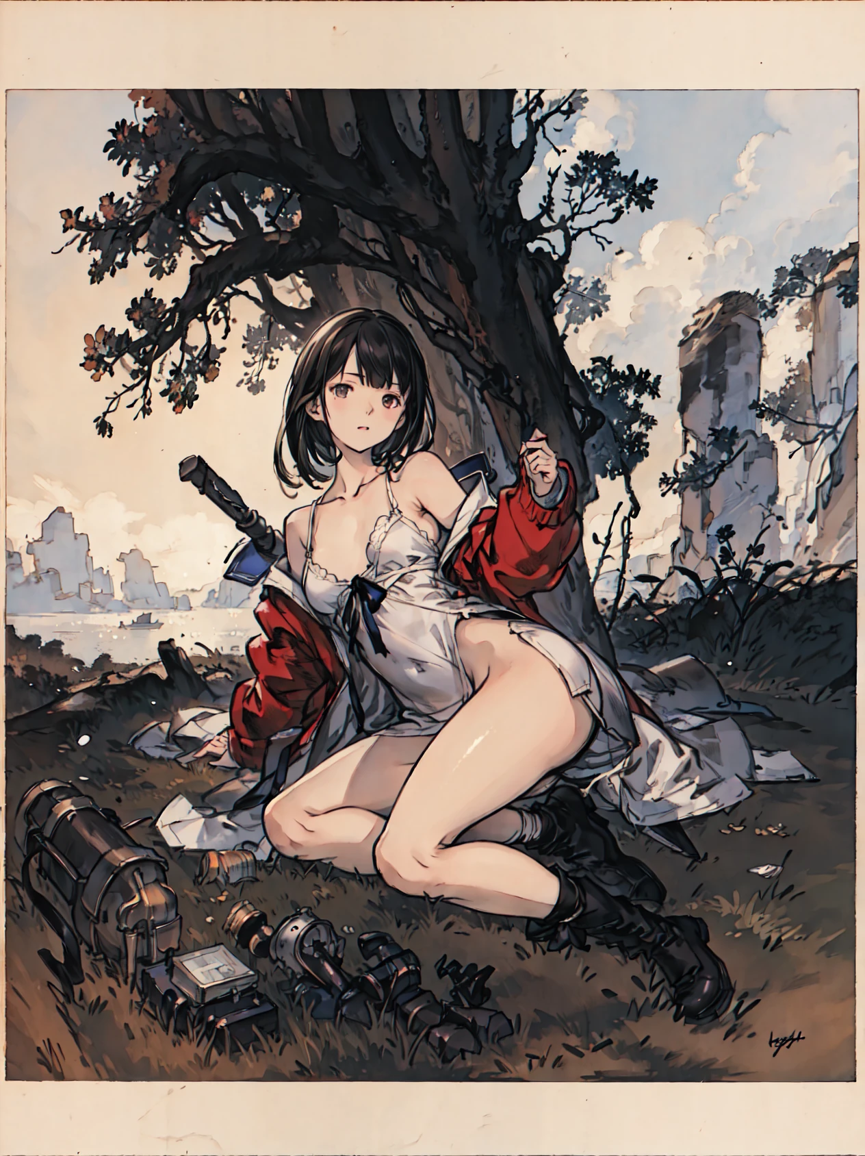 (masterpiece), (best quality), (high resolution),dutch angle,hyper detailed, solo, girl,detailed_background, landscape, <lora:futabaAnzuTHEIDOLMSTER_deltaV20:1>