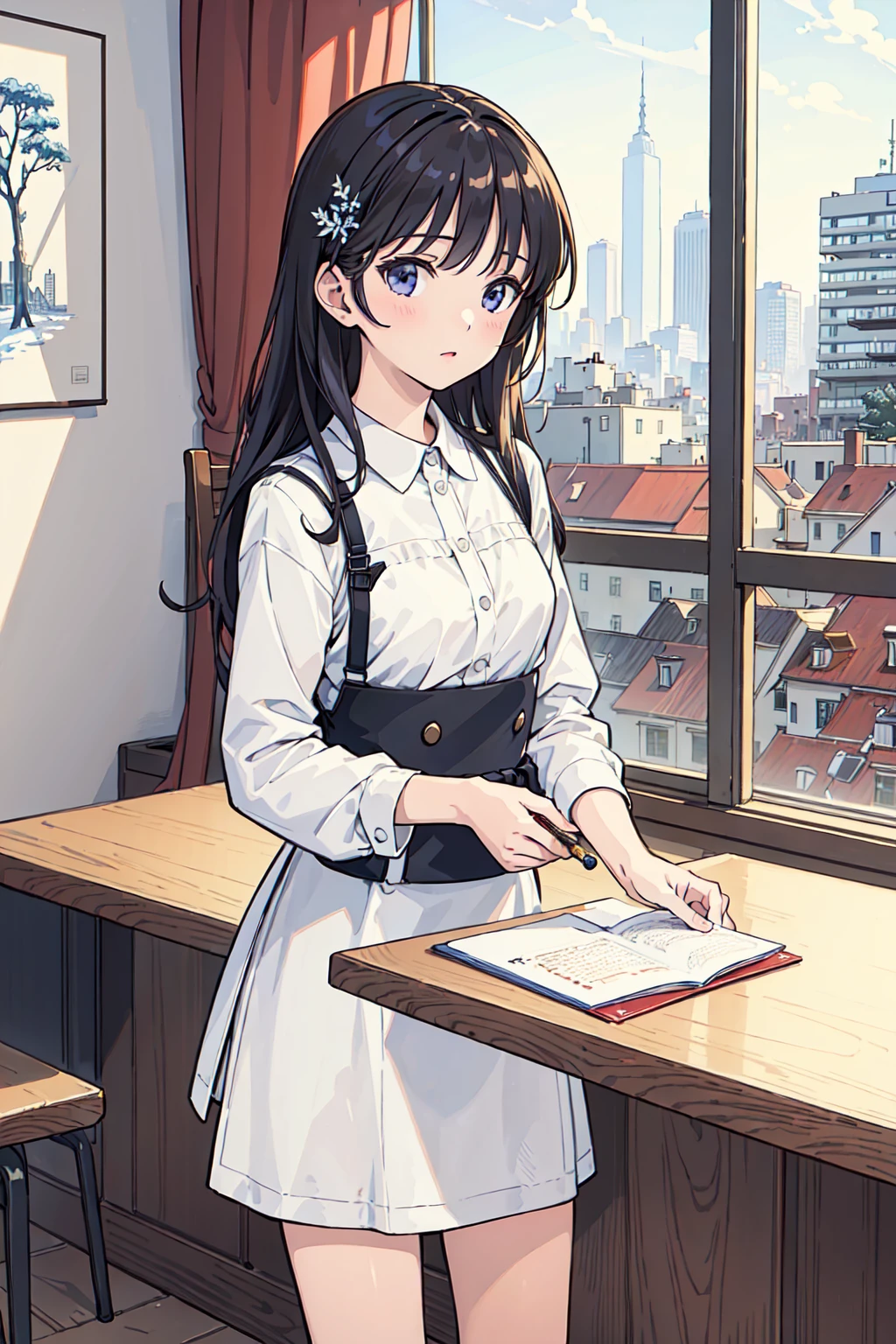 ((masterpiece)),(((best quality))), girl,((ultra-detailed)), (highly detailed CG illustration), ((an extremely delicate and beautiful)),(expressionless),cafeteria,winter,cityscape, random wear