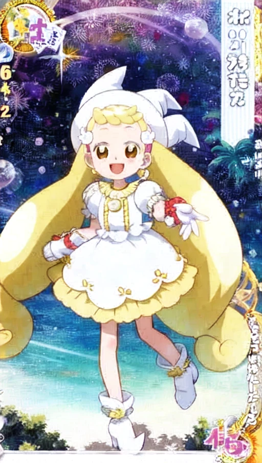 (little girl), (ultimate cute girl), (makihatayama_hana), 1girl, (full body), blonde hair, long hair, hair intakes, brown eyes, dot nose, (hanawitch:1.5), (magical girl), blue sky, park, (model pose), (smile), shade, anime keyvisual <lora:hana_makihatayama_v3:0.8>