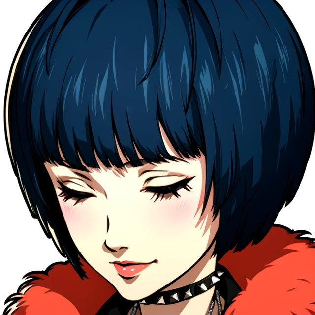 persona portrait, <lora:TaeTakemi:1>, <lora:Soejima-000023:0.8> , persona portrait, 1girl, solo, jewelry, closed eyes, short hair, necklace, white background, choker, black hair, simple background, bangs, blush, portrait, fur trim, lips, closed mouth, makeup, blunt bangs, bob cut, upper body, ahoge, collarbone, blue hair, smile, collar, eyelashes, spikes, lipstick, fur coat
(masterpiece, top quality, best quality, official art, beautiful and aesthetic:1.2), beautiful, attractive, handsome, trending on ArtStation, DeviantArt contest winner, CGSociety, ultrafine, studio lighting, sharp focus, ultra-detailed, intricate, illustration, extremely detailed, perfect face, amazing
