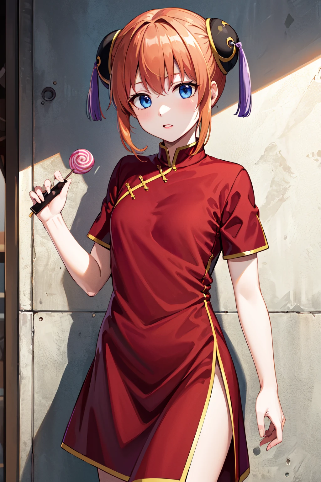 masterpiece, best quality, highres, kgr1, red dress, double bun, bun cover, china dress, chinese clothes, knee boots, short sleeves, small breasts, <lora:kagura_v1:0.7>, cowboy shot, street, holding candy,